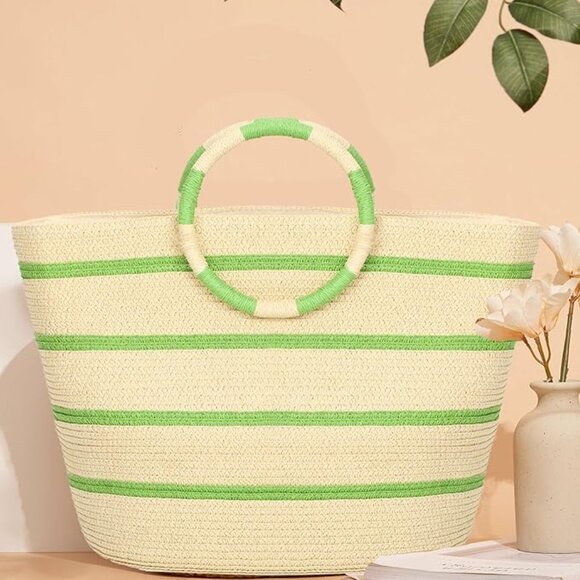 NEIMAN MARCUS Elegant Green Beach Straw Tote Bag - Picture 3 of 7